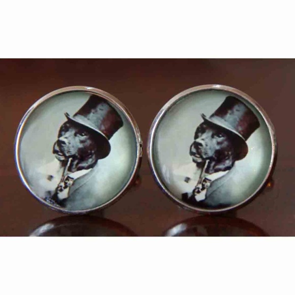 Dog in Top Hat Cufflinks Handmade Silver Black Gray Men's - Picture 1 of 1